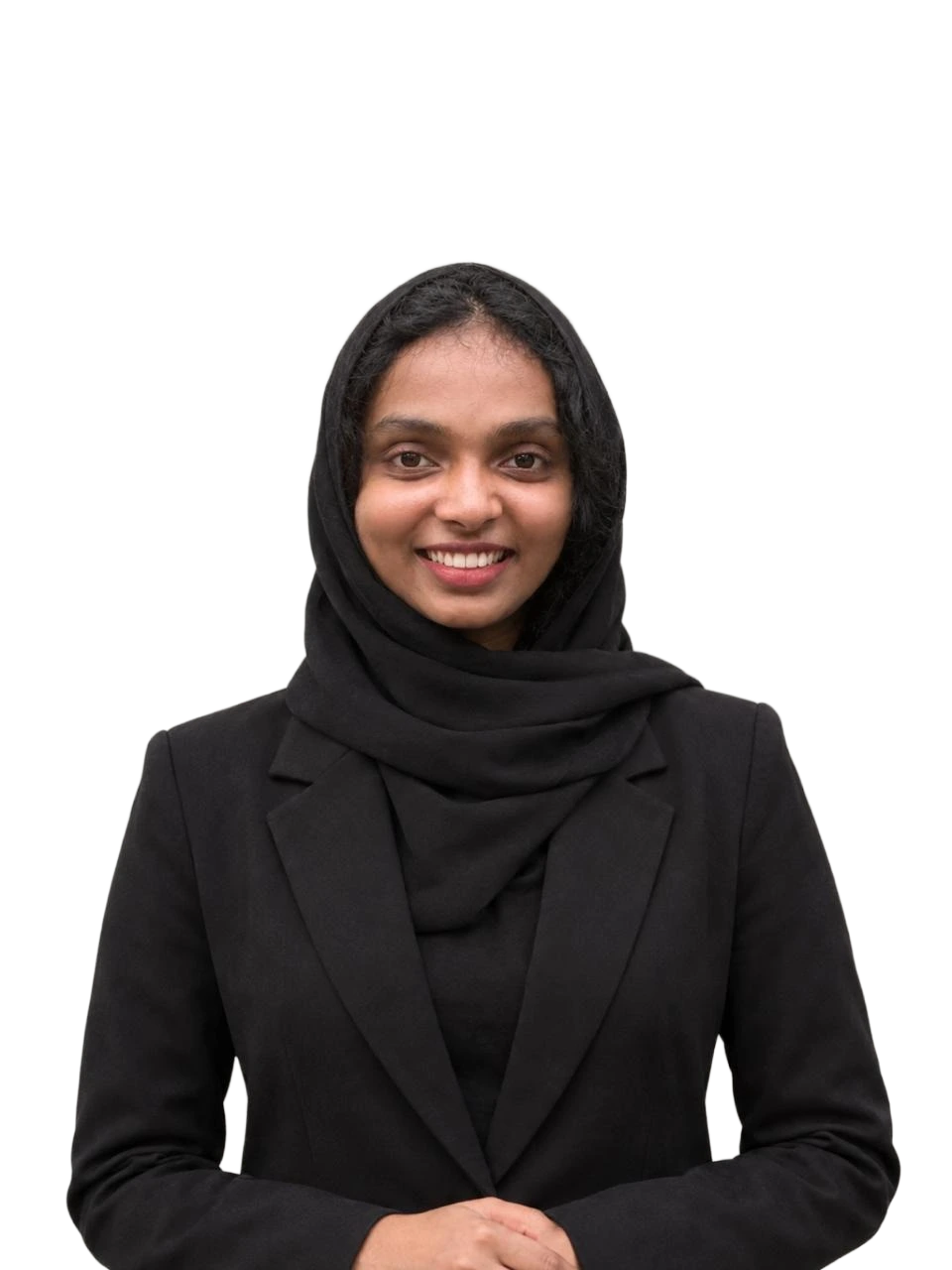 SEO-Optimized Image Alt Text: `Best digital marketer in Kerala – Fathima Shamna in a professional black blazer and hijab, showcasing her digital marketing portfolio and personal brand.`