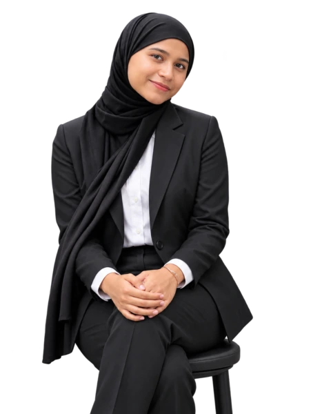 `Best digital marketer in Kerala – Fathima Shamna in a professional black suit and hijab, representing digital marketing expertise.