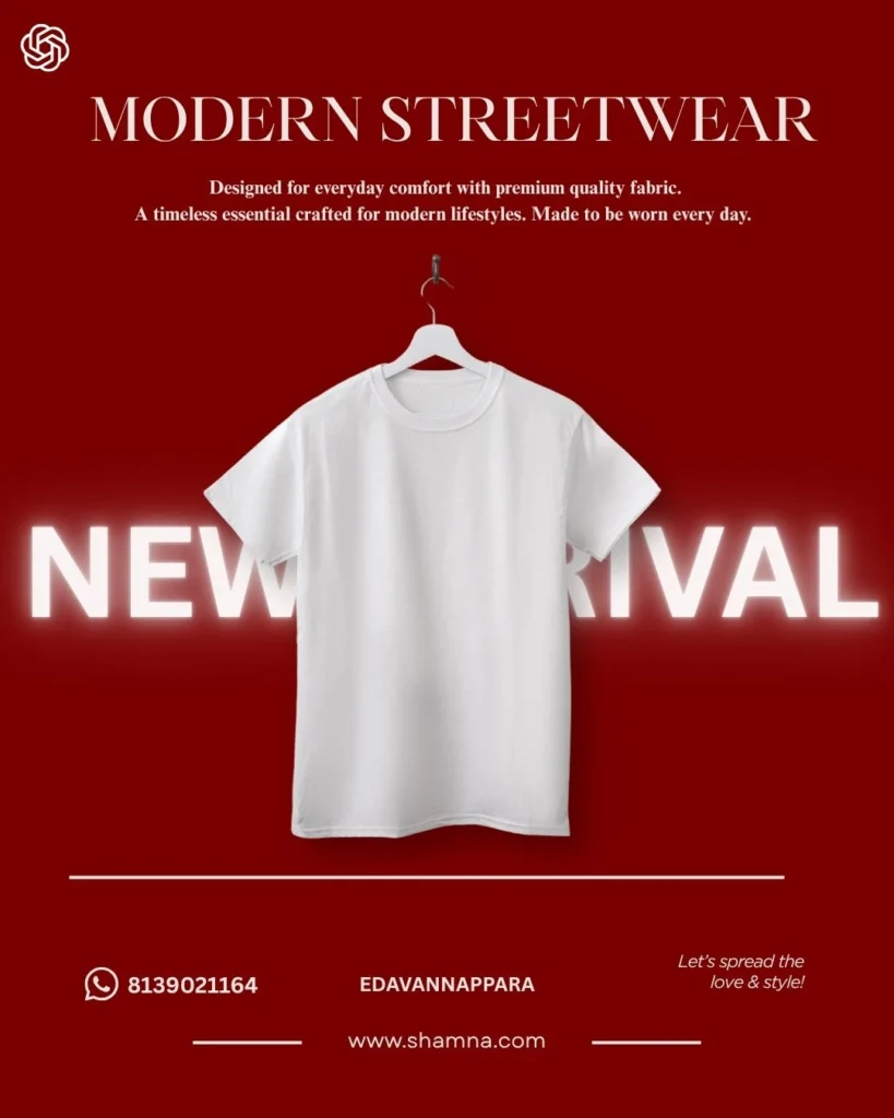 SEO-Optimized Image Alt Text: `Best digital marketer in Kerala – Modern streetwear promotional poster featuring a premium white T-shirt, new arrival design, and fashion brand marketing creative.